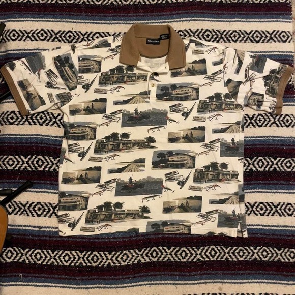 American Vintage Other - VTG 90s Puritan Fishing Lure bait and tackle shop AOP cuffed polo tee shirt XL